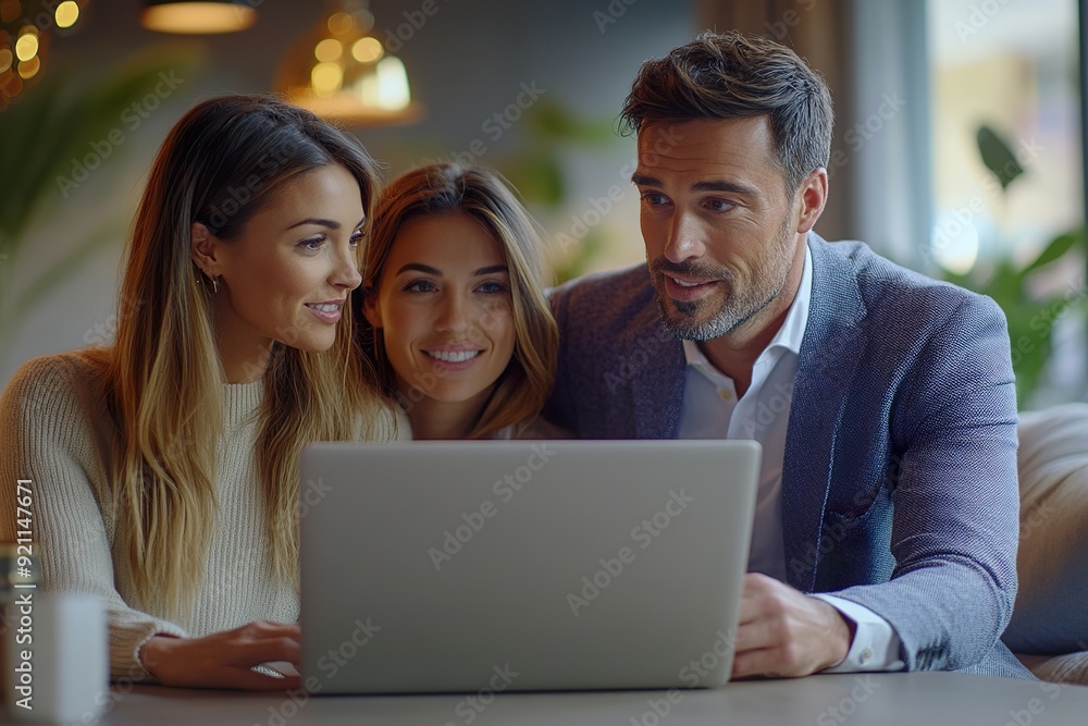 Agent Demonstrating Property via Laptop to Young Couple Agent Demonstrating Property via Laptop to Young Couple