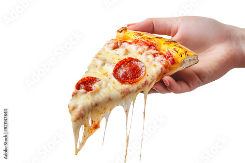 hand holding a pizza slice isolated on a transparent background