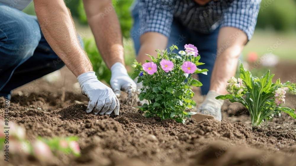 Fototapeta premium Two gardeners working together, with one focusing on planting a vibrant pink flower in the soil, demonstrating teamwork and care for the garden and environment.