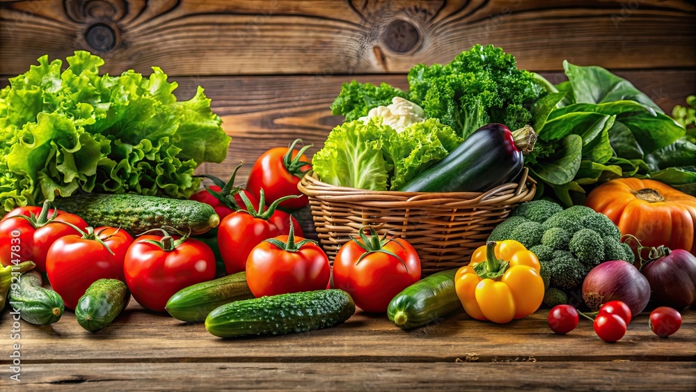 A table full of assorted fresh vegetables such as tomatoes, lettuce, and cucumbers , vegetables, tomatoes, lettuce, cucumbers