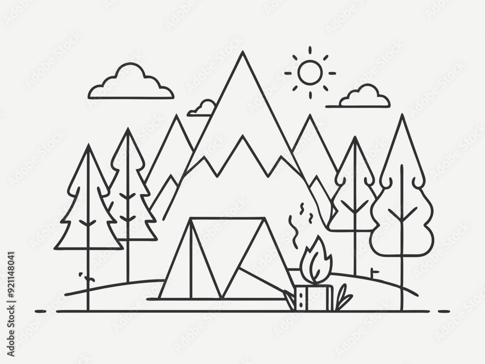 continuous single line drawing of campground with tent and campfire, line art vector illustration
continuous single line drawing of campground with tent and campfire, line art vector illustration