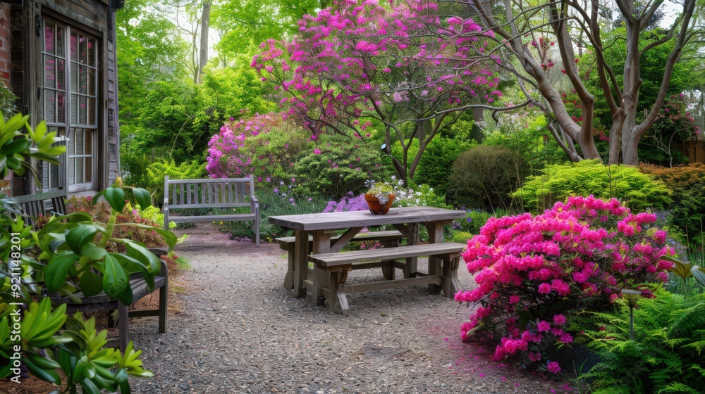 A tranquil garden setting with blooming azaleas in shades of pink and purple A tranquil garden setting with blooming azaleas in shades of pink and purple