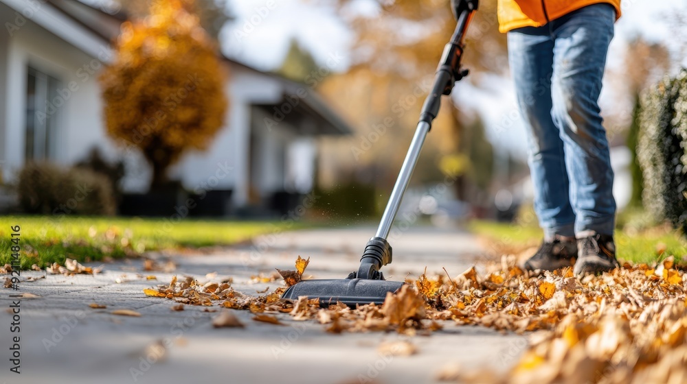 This image captures a person operating a garden vacuum to clear autumn leaves scattered along a sidewalk. The setting shows houses and gardens bathed in autumn sunlight. This image captures a person operating a garden vacuum to clear autumn leaves scattered along a sidewalk. The setting shows houses and gardens bathed in autumn sunlight.