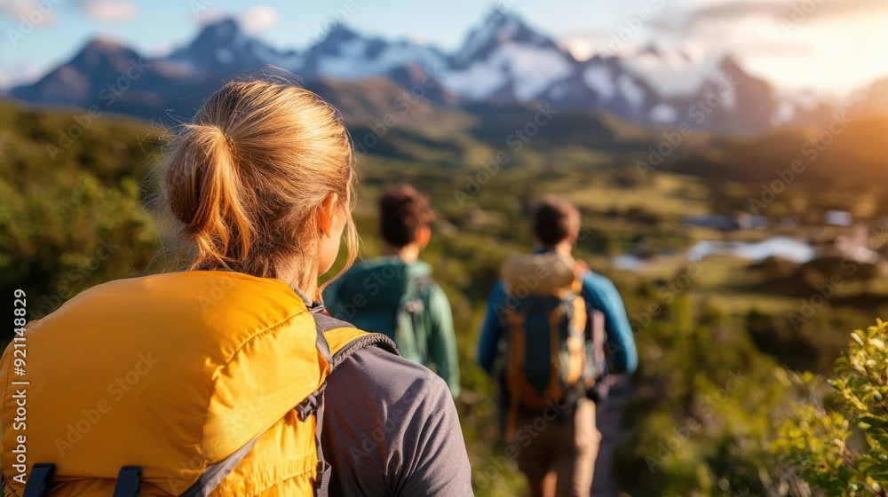 An adventurous image showing a group of hikers with backpacks exploring a scenic trail in lush, green mountains, bathed in sunlight, with a breathtaking view of distant peaks. An adventurous image showing a group of hikers with backpacks exploring a scenic trail in lush, green mountains, bathed in sunlight, with a breathtaking view of distant peaks.