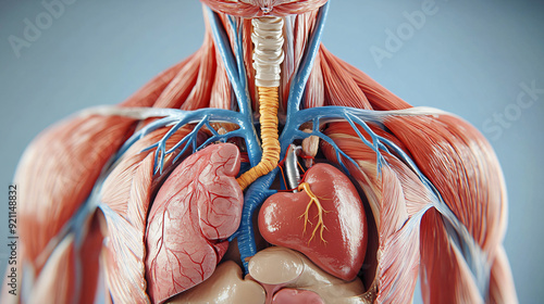 Anatomical representation of the human thoracic cavity showing heart, lungs, and major vessels