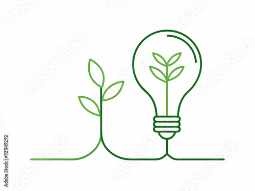 continuous single line drawing of green plant in light bulb, green energy concept line art vector illustration

