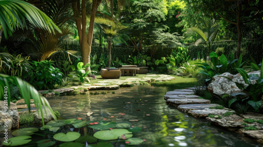 A tranquil pond with a stone pathway leading to a small, shaded seating area, surrounded by dense greenery and offering A tranquil pond with a stone pathway leading to a small, shaded seating area, surrounded by dense greenery and offering