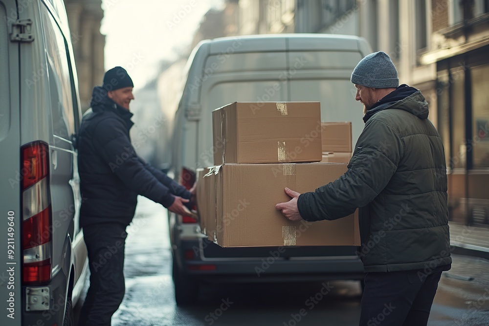 Busy Team Taking Cardboard Boxes Out of Van Busy Team Taking Cardboard Boxes Out of Van