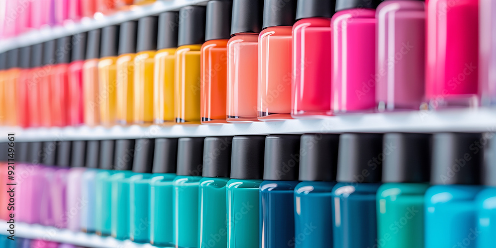 A display of nail polish bottles in a rainbow of colors at a beauty store. A display of nail polish bottles in a rainbow of colors at a beauty store.