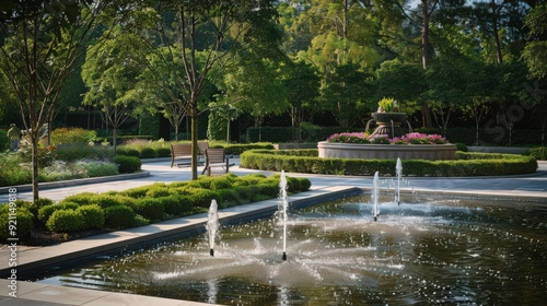 A tranquil public garden with a reflecting pool, elegant fountains, and a variety of native plants creating