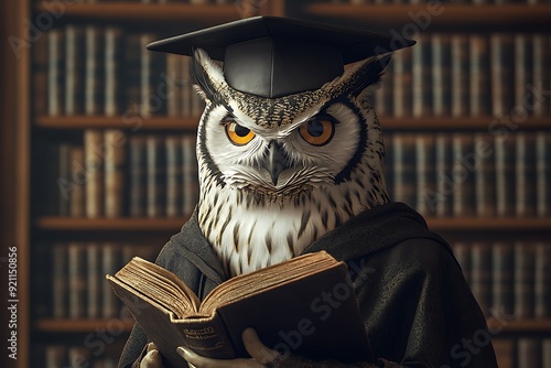 Wise Owl Professor: Hyper-realistic Portrait of an Owl-Headed Human in Academic Attire in a Grand Library Setting