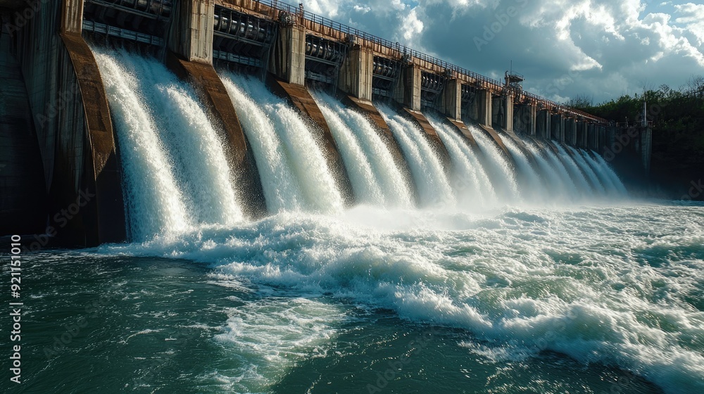 A dramatic shot of a dam during a water release, with whitewater pouring through, symbolizing the raw power of controlled water flow. A dramatic shot of a dam during a water release, with whitewater pouring through, symbolizing the raw power of controlled water flow.