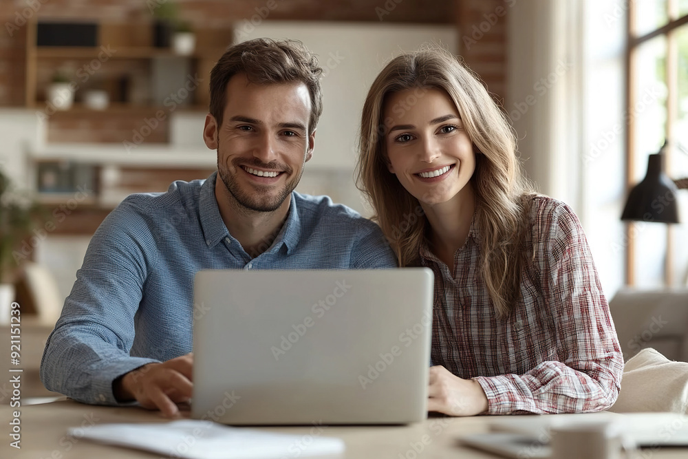 Couple Smiling as Businessman Shows House Image on Laptop Couple Smiling as Businessman Shows House Image on Laptop
