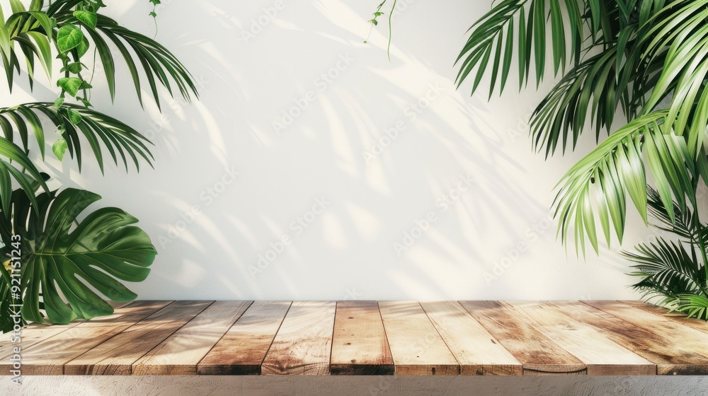 Tropical Wooden Tabletop with Lush Greenery Tropical Wooden Tabletop with Lush Greenery