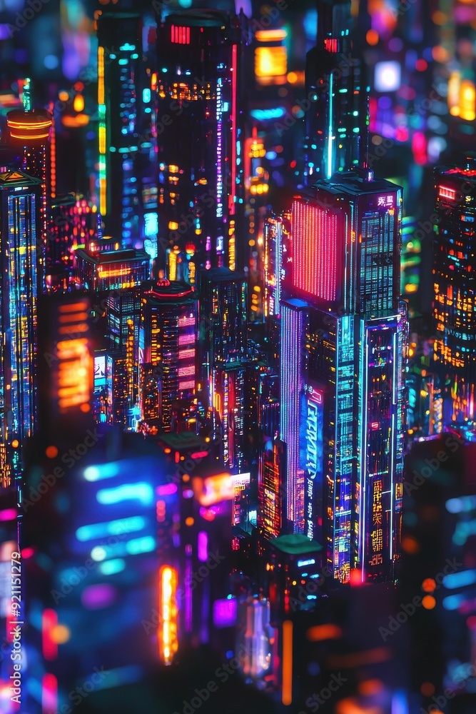 Neon Cityscape at Night. Buildings and A Neon Cityscape at Night. Buildings and A