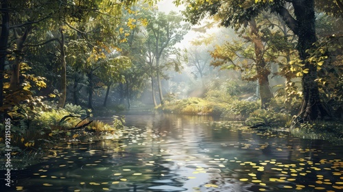 A tranquil stream in a secluded forest glade, with the soft sound of water and the gentle rustling of leaves creating a serene retreat