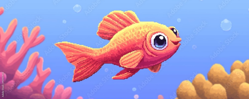 A pixel art cartoon fish with big, expressive eyes, swimming through a colorful coral reef A pixel art cartoon fish with big, expressive eyes, swimming through a colorful coral reef