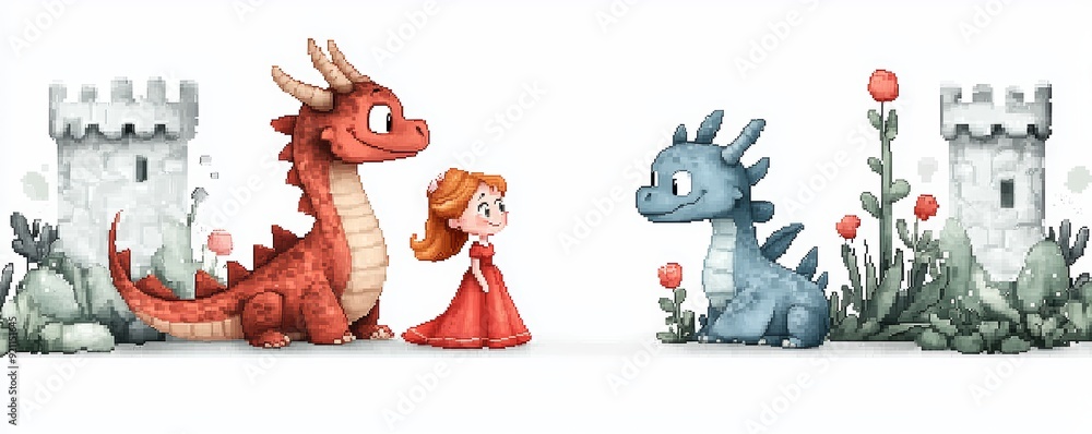 Naklejka premium A pixel art dragon and princess sharing a friendly moment in a cartoon castle garden