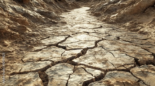 A dried-up canal with a rough, cracked surface, offering a blank canvas for text or design in a stark, arid landscape. photo