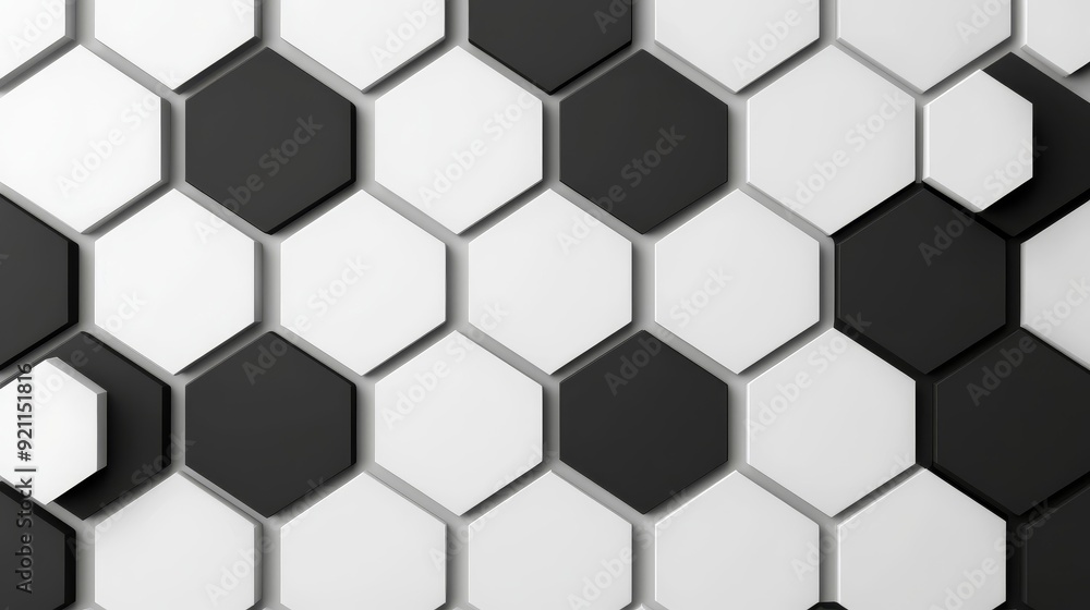 Abstract pattern of black and white hexagonal tiles creating a modern, geometric design for stylish interiors. Abstract pattern of black and white hexagonal tiles creating a modern, geometric design for stylish interiors.