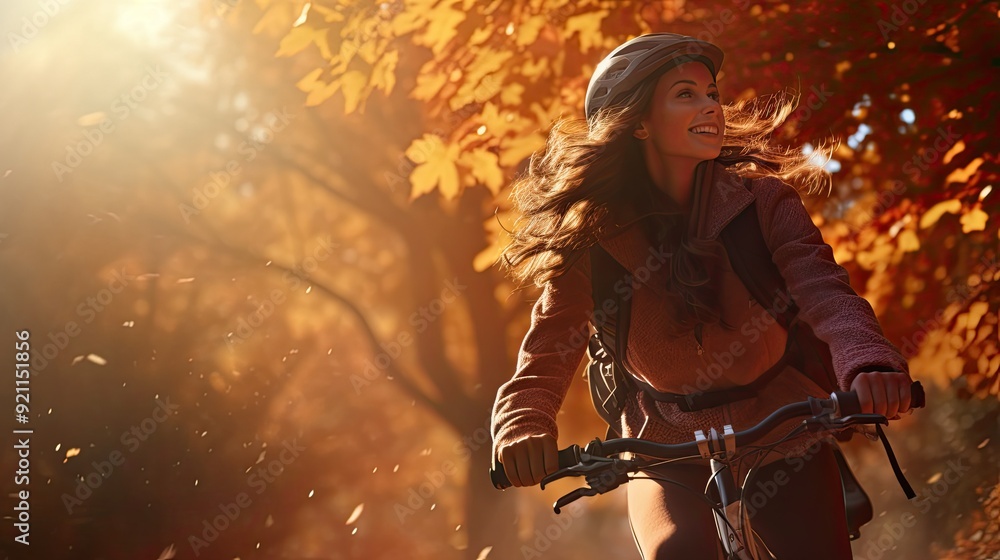 A woman joyfully cycling through a vibrant autumn landscape filled with orange leaves. A woman joyfully cycling through a vibrant autumn landscape filled with orange leaves.