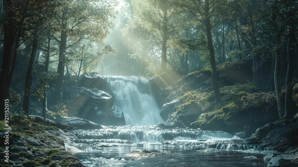 A tranquil waterfall flows gently through a secluded forest, with its water sparkling in the soft light A tranquil waterfall flows gently through a secluded forest, with its water sparkling in the soft light