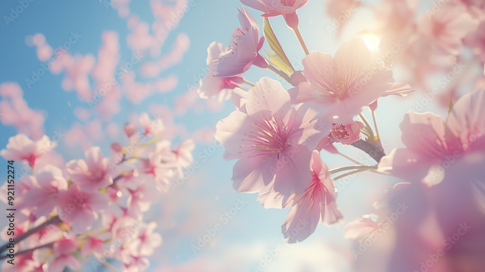 Close-up of cherry blossoms bathed in soft sunlight, with delicate pink petals set against a clear blue sky. Close-up of cherry blossoms bathed in soft sunlight, with delicate pink petals set against a clear blue sky.