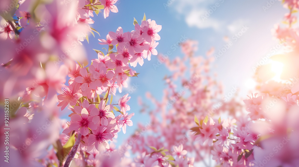 Delicate pink cherry blossoms bloom under a bright blue sky, basking in the warmth of the spring sun.