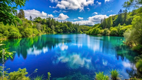 A beautiful blue lake surrounded by lush greenery , serene, tranquil, nature, crystal clear water, reflections, peaceful