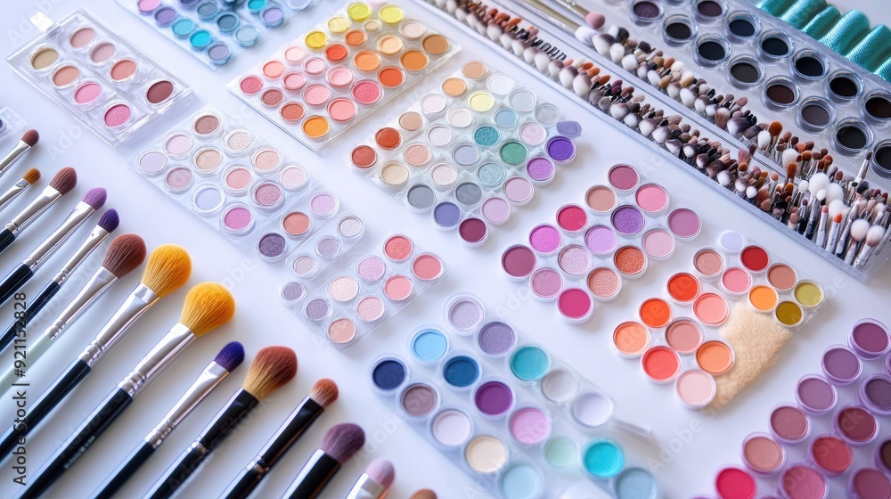 A flat lay of makeup brushes and colorful palettes, neatly displayed on a white surface, emphasizing the variety and quality of beauty tools. A flat lay of makeup brushes and colorful palettes, neatly displayed on a white surface, emphasizing the variety and quality of beauty tools.