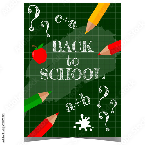 Back to school banner or poster with school supplies and letters on a chalk board background. Invitation to celebrate together with pupils and teachers the beginning of a new academic year.