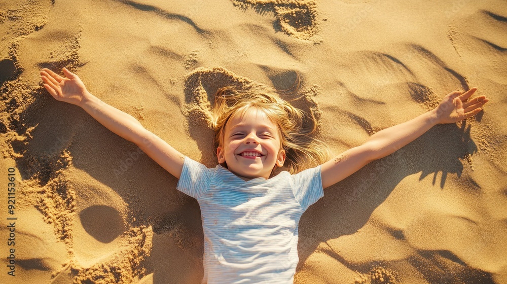 A joyful child creating a sand angel on the beach, arms and legs spread ...