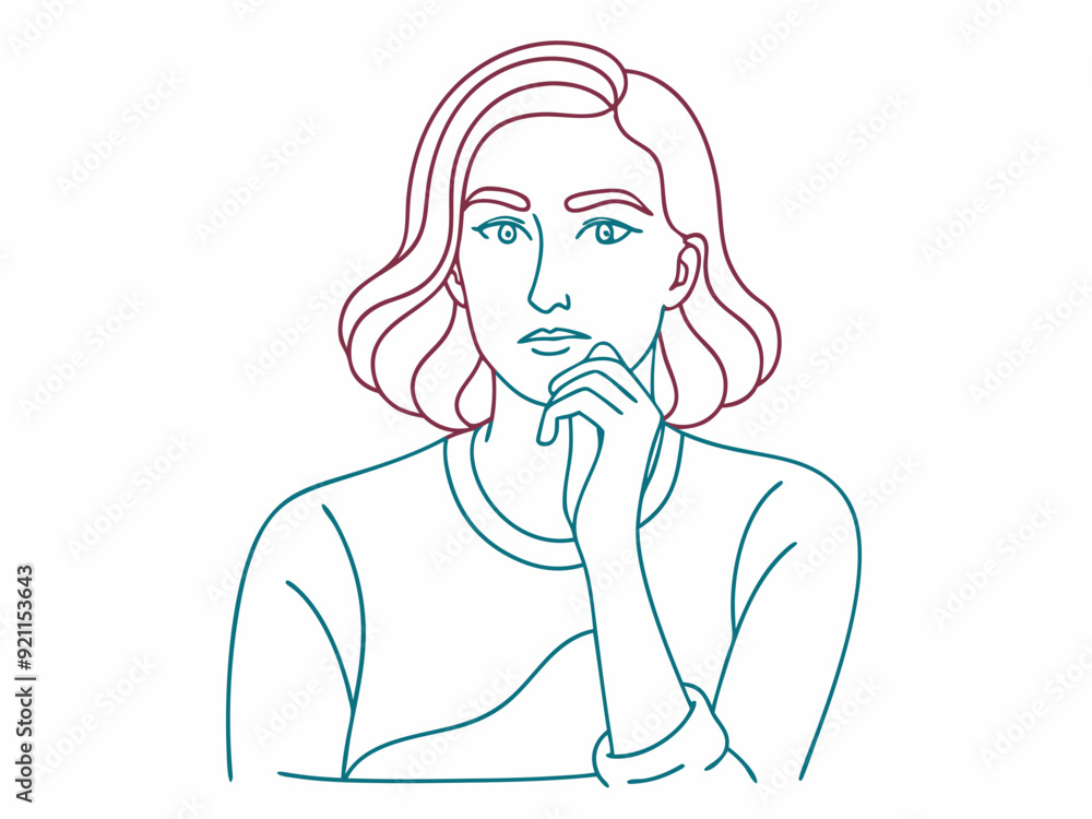 continuous single line drawing of woman in skeptical post, hand on chin, line art vector illustration
continuous single line drawing of woman in skeptical post, hand on chin, line art vector illustration
