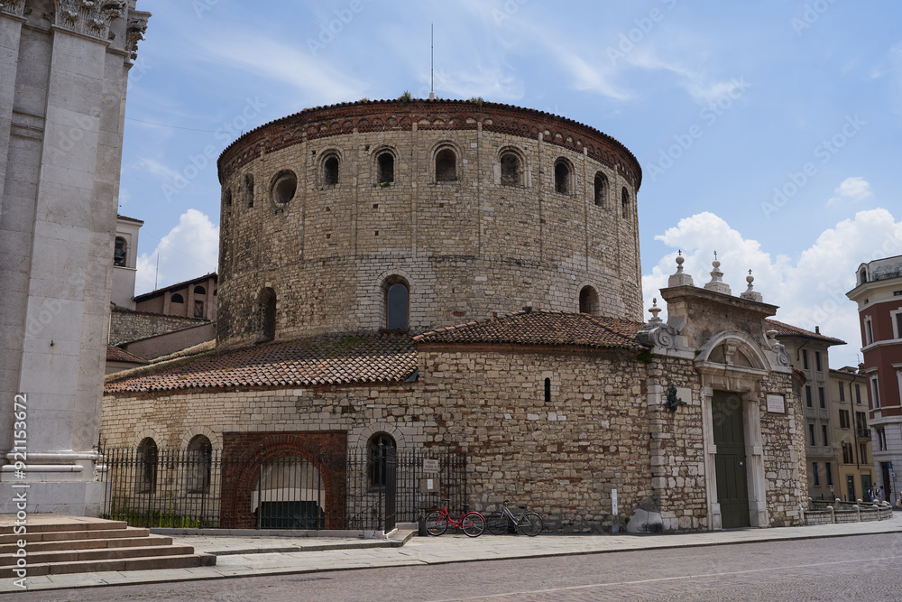 Brescia, Italy - June 17, 2024 - the Old Cathedral (Duomo Vecchio) on a sunny spring afternoon