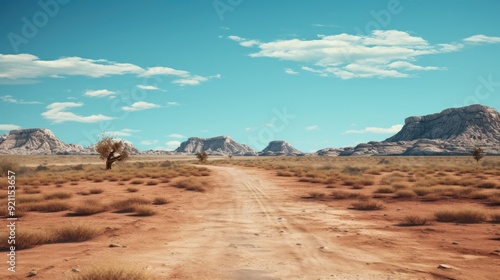 A serene desert landscape with a dirt road leading through rocky formations and sparse vegetation.