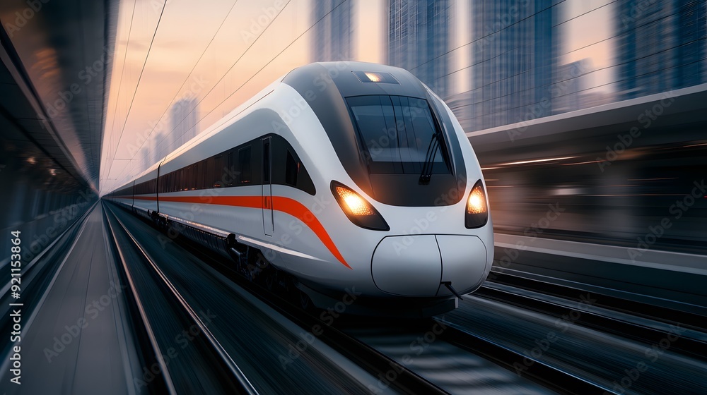 Train traveling down the tracks in a city, blending urban landscape with public transportation Train traveling down the tracks in a city, blending urban landscape with public transportation