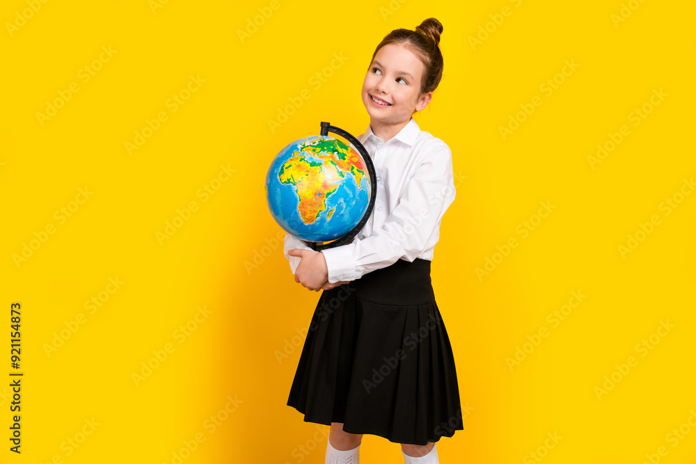 Fototapeta premium Photo of cute schoolgirl hold globe look empty space wear uniform isolated on yellow color background