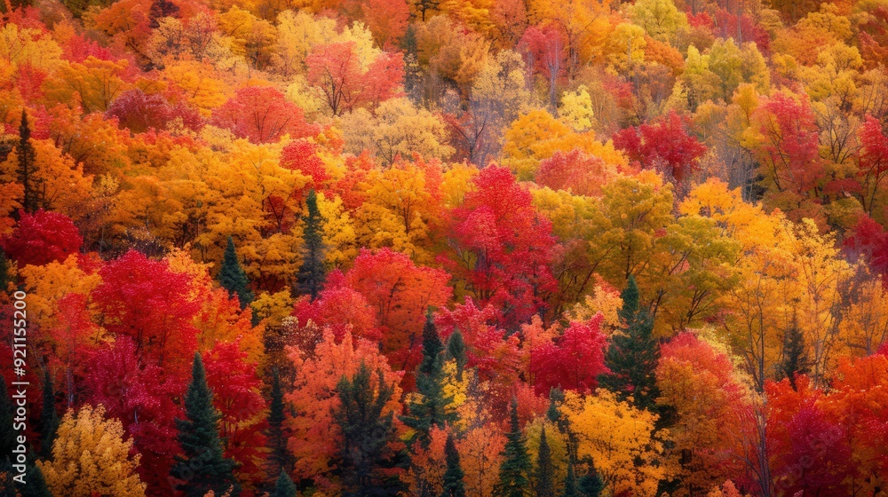 A vibrant display of fall foliage, showcasing a forest with trees in hues of red, orange, and gold, casting a warm glow over the landscape. A vibrant display of fall foliage, showcasing a forest with trees in hues of red, orange, and gold, casting a warm glow over the landscape.