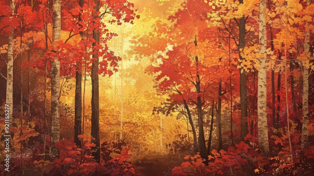 A vibrant display of fall foliage, showcasing a forest with trees in hues of red, orange, and gold, casting a warm glow over the landscape. A vibrant display of fall foliage, showcasing a forest with trees in hues of red, orange, and gold, casting a warm glow over the landscape.