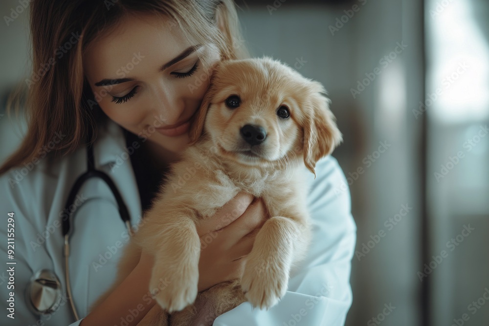 A compassionate and caring veterinarian along with an adorable Golden Retriever puppy, focusing on their thrilling bond while prioritizing the health care of pets and ensuring happy lives for puppies A compassionate and caring veterinarian along with an adorable Golden Retriever puppy, focusing on their thrilling bond while prioritizing the health care of pets and ensuring happy lives for puppies