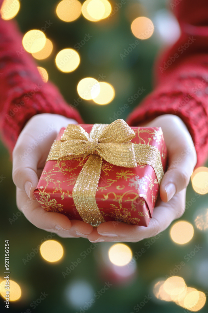 Woman holding a christmas present with a gold ribbon in front of a christmas tree Woman holding a christmas present with a gold ribbon in front of a christmas tree