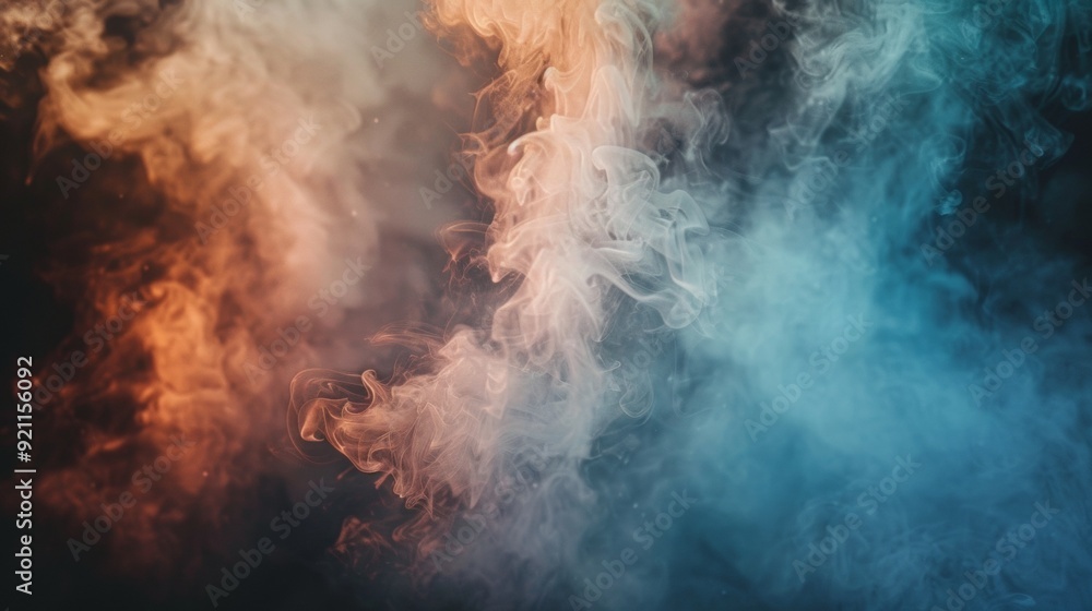 Vibrant orange and blue smoke blending together in an abstract, ethereal display of swirling patterns and misty textures. With copy space for text. Vibrant orange and blue smoke blending together in an abstract, ethereal display of swirling patterns and misty textures. With copy space for text.