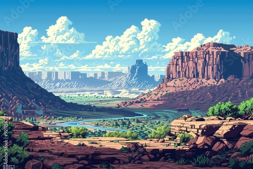 A picturesque landscape with a river winding through a valley surrounded by towering sandstone cliffs, with a blue sky and fluffy clouds.