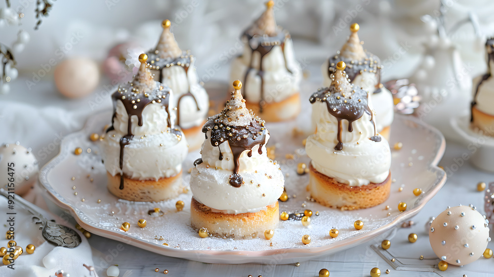 A white plate with a variety of cakes on it, each with a different topping A white plate with a variety of cakes on it, each with a different topping