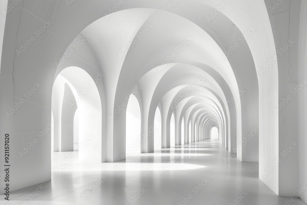 Futuristic white tunnel with smooth arches and a bright light at the end Futuristic white tunnel with smooth arches and a bright light at the end