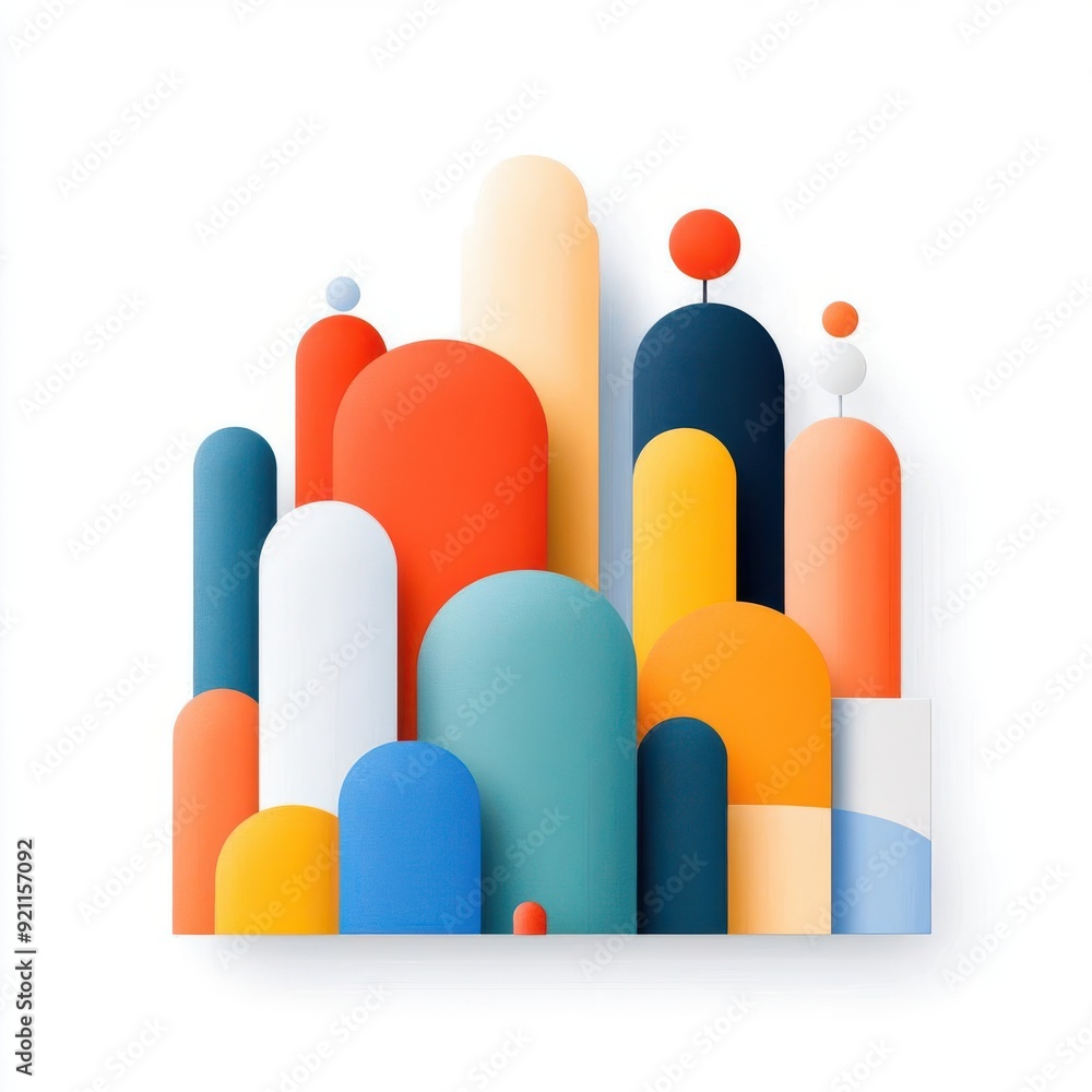 Obraz premium Abstract design featuring colorful geometric shapes creating a vibrant urban landscape.