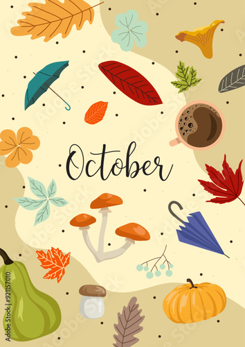 Autumn october poster on yellow background with red, orange, yellow, gray, green leaves, hot drink, acorns, mushrooms, umbrellas for posters, banners, wallpapers