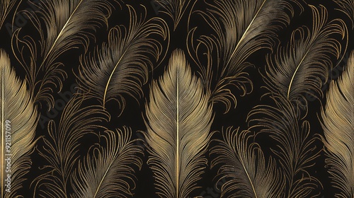 Opulent Gatsby Feather Motifs in Soft Tan Hues on Elegant Black Background