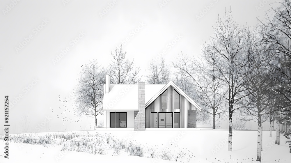 Obraz premium Minimalist Architectural Sketch of a House with Snow and Trees