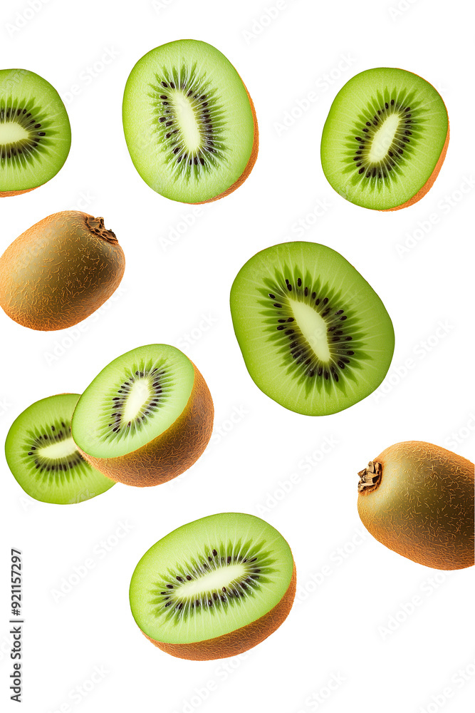 Fototapeta premium Flying falling kiwis isolated on transparent or white background